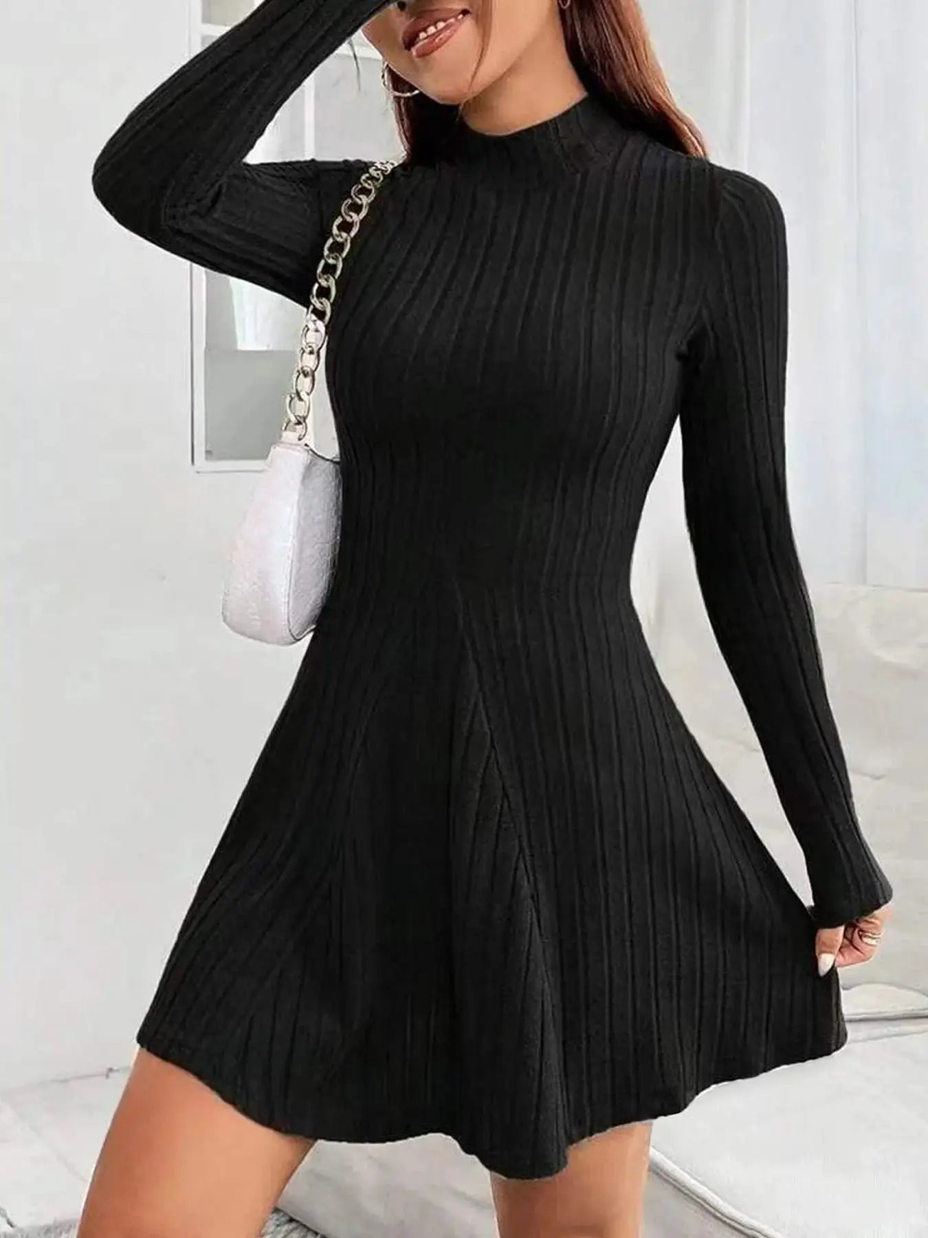 LuxeWeave Womens Slim Fit Dress With Half High Collar Cinched Waist Aline Pinstripe Long Sleeves For Autumn And Winter