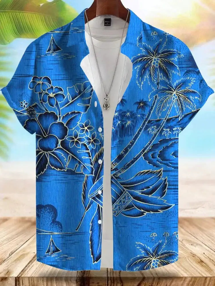 Seaside Hawaiian style men's short-sleeve shirt with blue tropical print by Simples Market