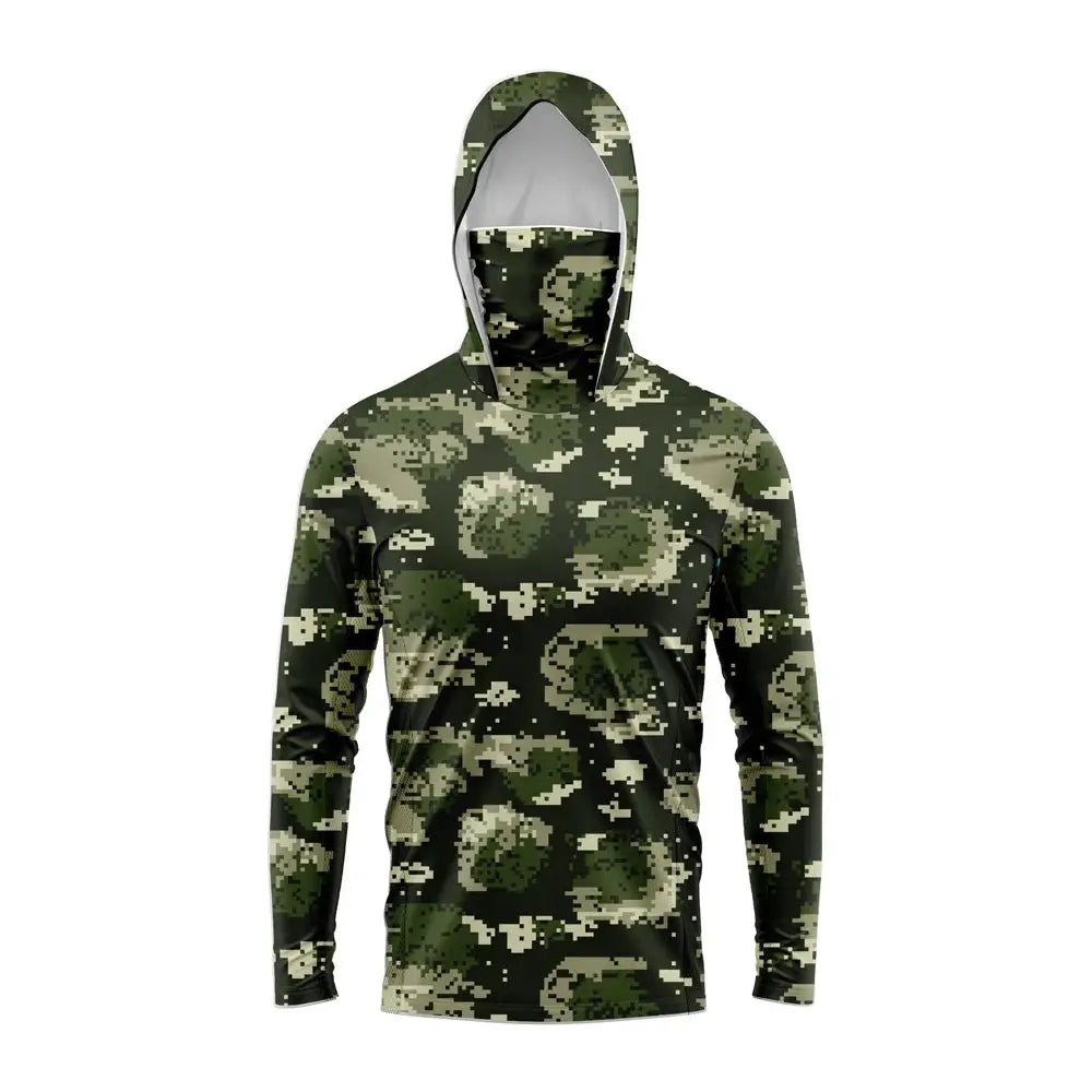 Men's hooded fishing shirt, long sleeves, green digital camouflage with UV protection.