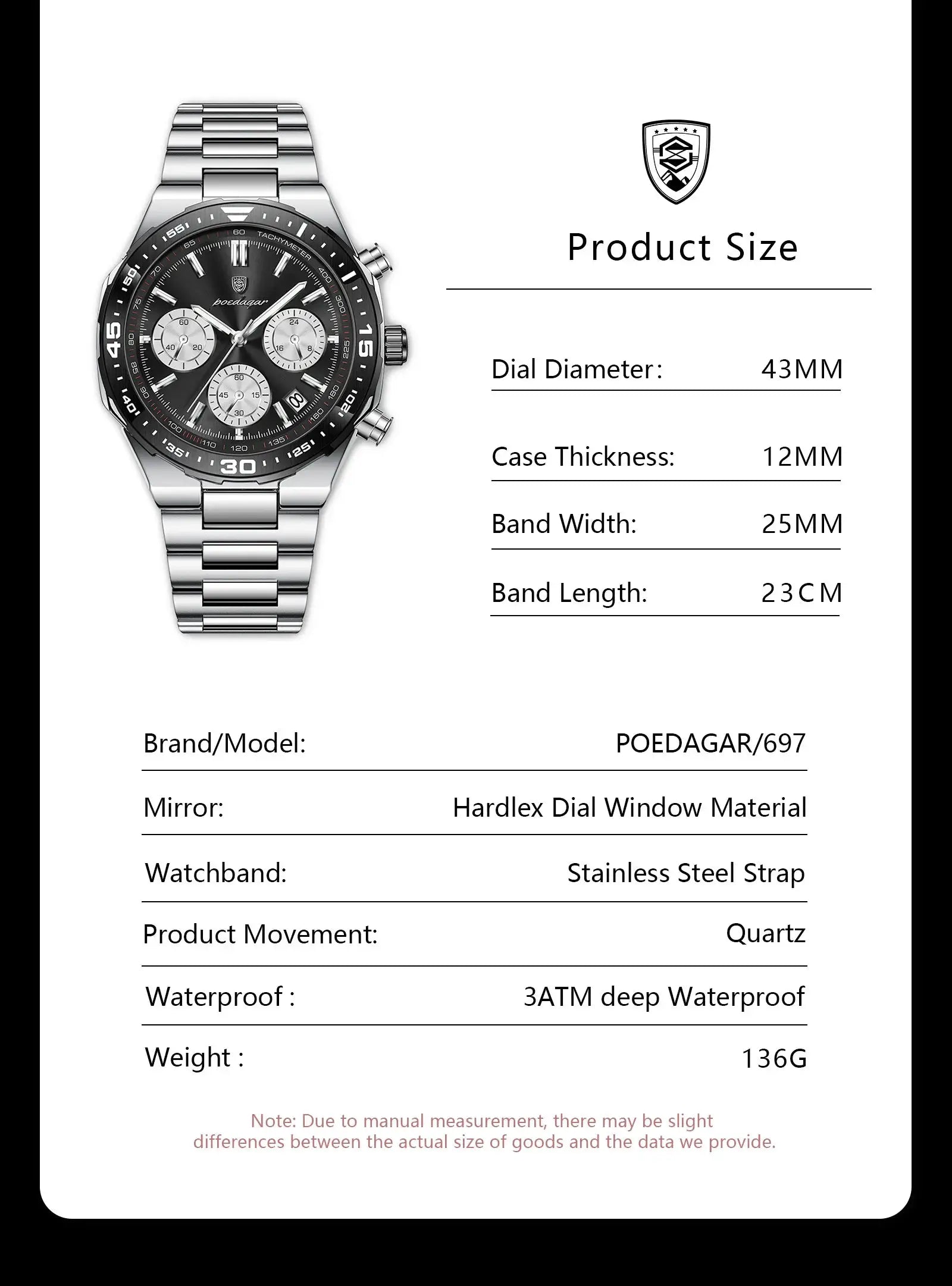 POEDAGAR stainless steel men's quartz watch with black dial, chronograph subdials, luminous hands, waterproof