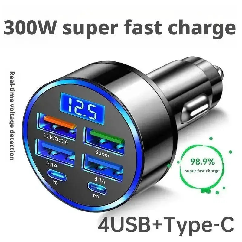 VoltForge 300W 6 Port Car Charger With USB C PD And QC3 Fast Charging Digital Display Road Ready Power Hub