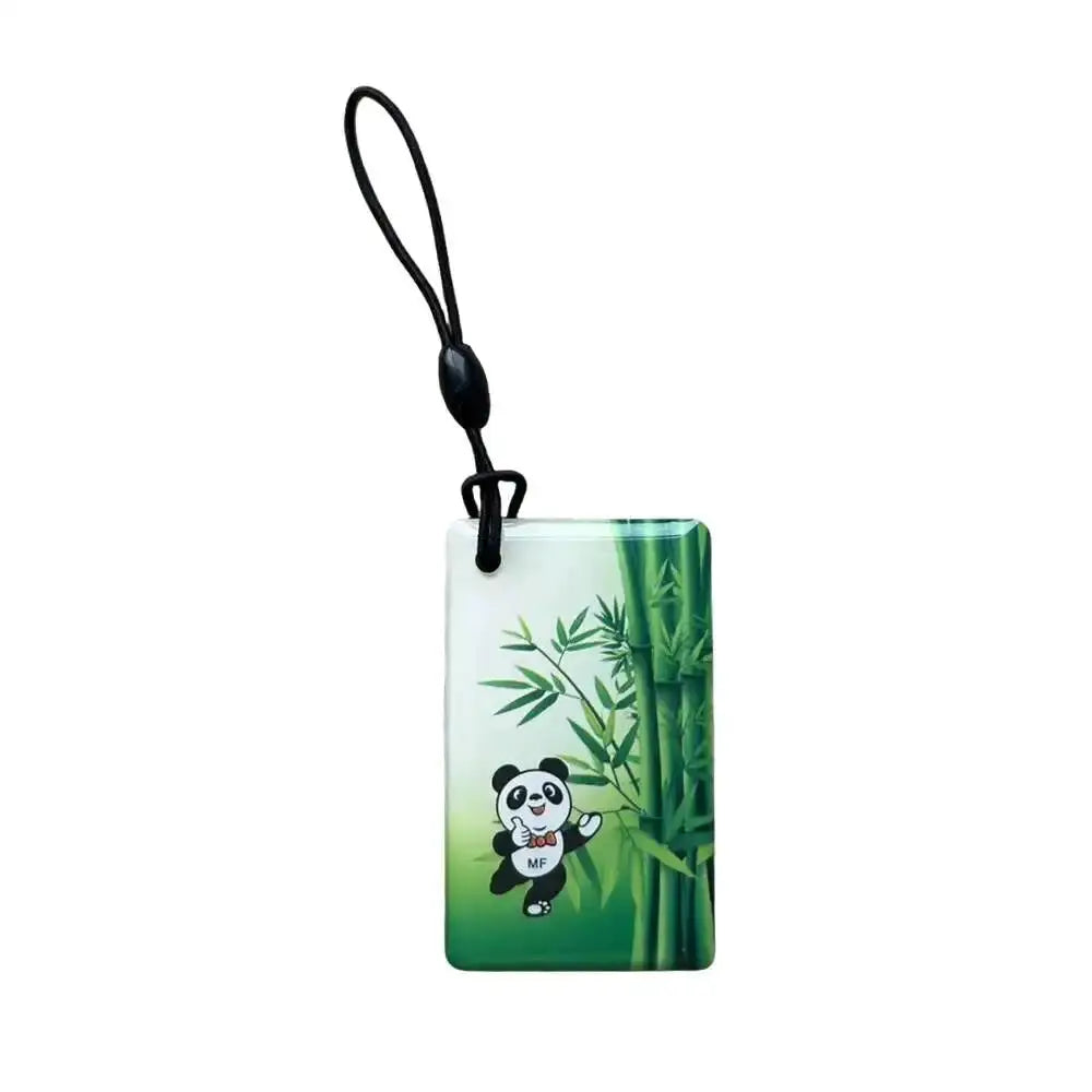RFID key tag with panda bamboo design; green waterproof 13.56MHz rewritable fob with black loop