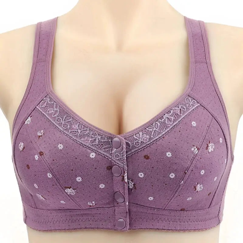 FallSweet front-closure wireless bra in purple floral lace for plus-size women