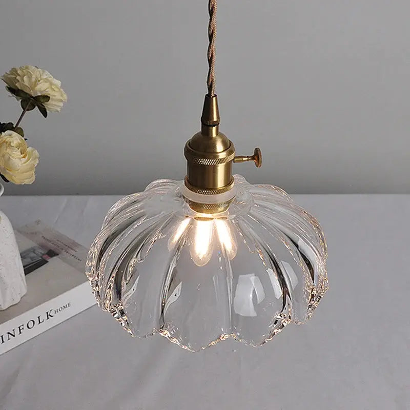 Simples Market vintage glass pendant lamp with brass hardware and flower-shaped clear shade