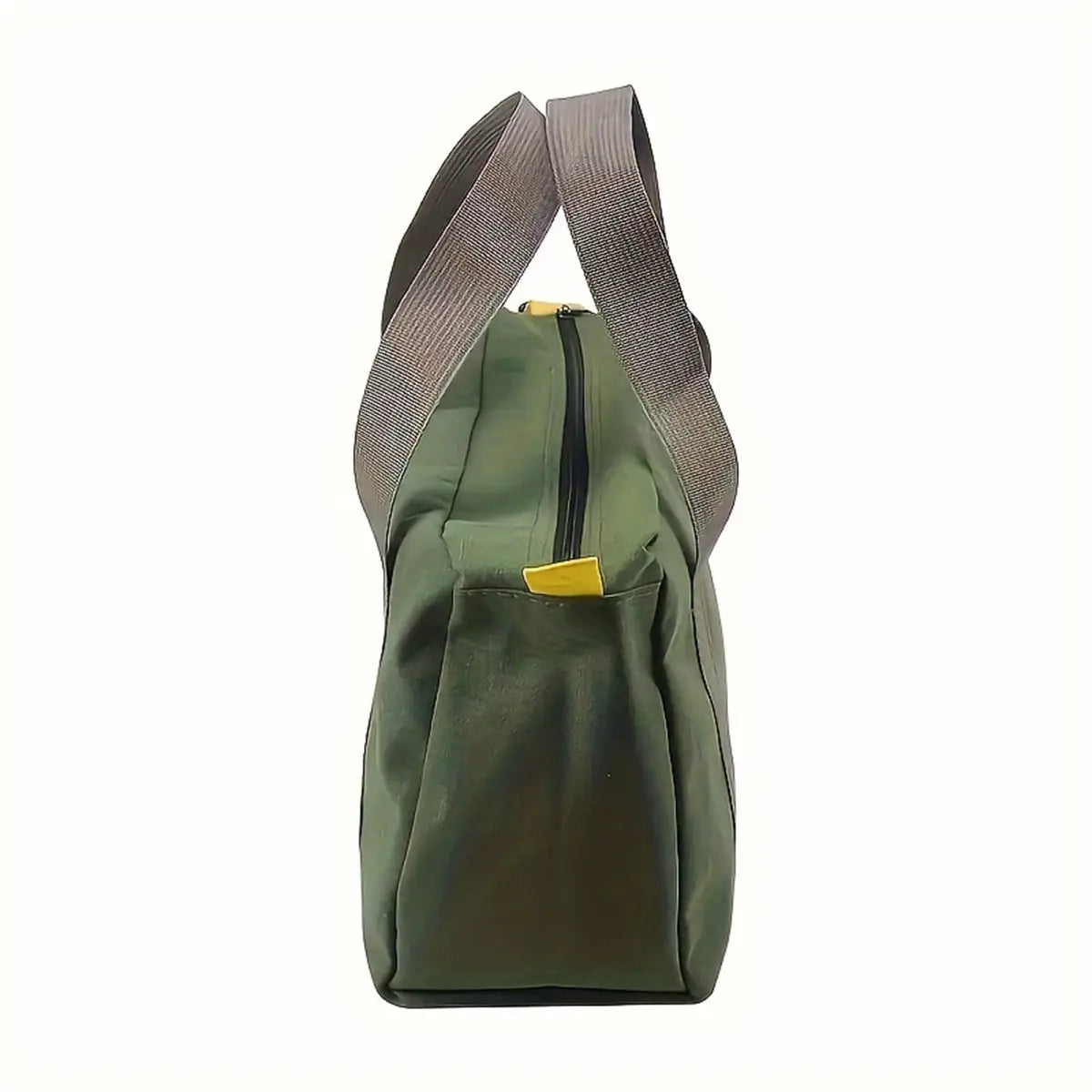 Maintenance tool bag, large green canvas storage bag with rugged brown straps and a small yellow front pocket tab.