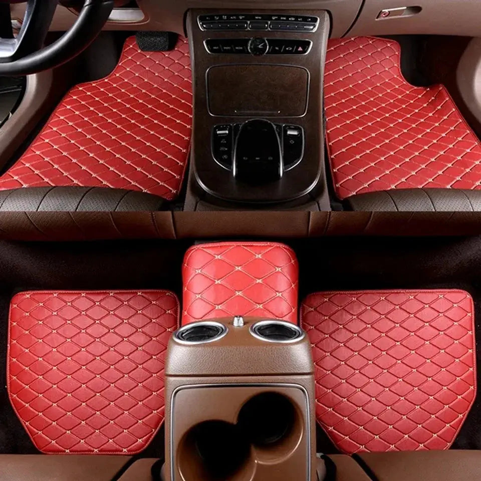 Car floor mats 5Pcs by Simples Market; red PU leather, waterproof, diamond-quilted interior mats