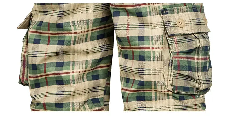 Men's plaid cargo shorts, cotton summer pants in beige-green plaid with red accents, loose straight fit.