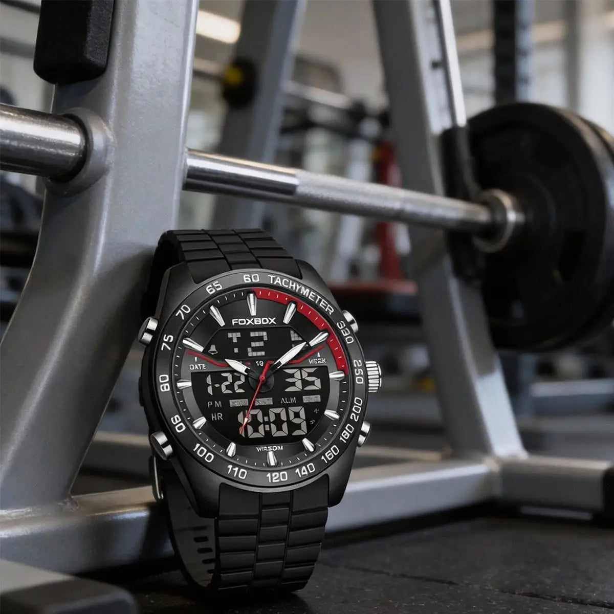 FOXBOX men's digital-analog watch with tachymeter, black silicone strap