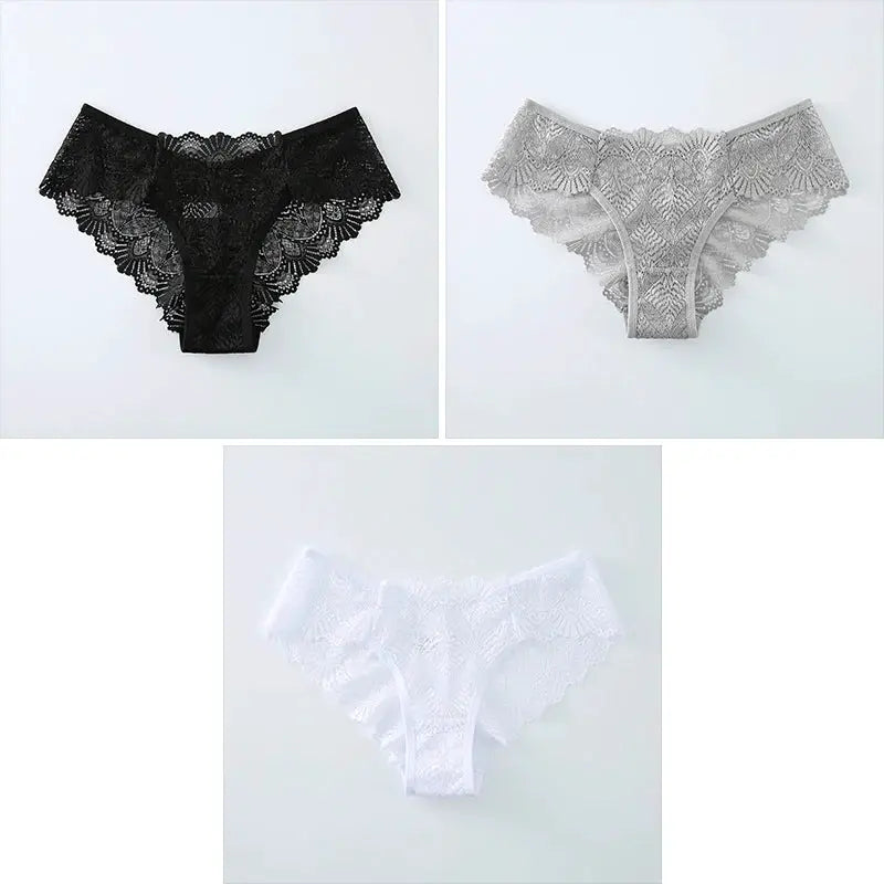 Simples Market lace panties set: mid waist seamless underwear in black, gray, and white (3 pieces)