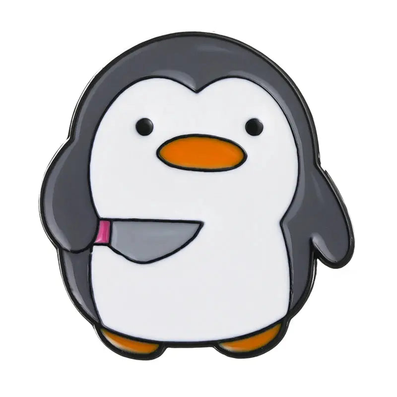 Cartoon penguin enamel pin brooch; gray penguin with white belly and orange beak, ideal for lapel or backpack.