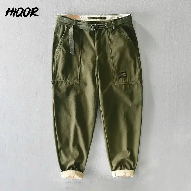 HIQOR men's cargo pants in olive green, 100% cotton fleece, with belt and front patch pockets