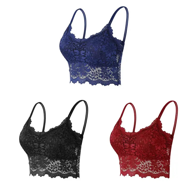 3pc women's lace bralette set; wireless, scalloped lace in blue, black, and red.