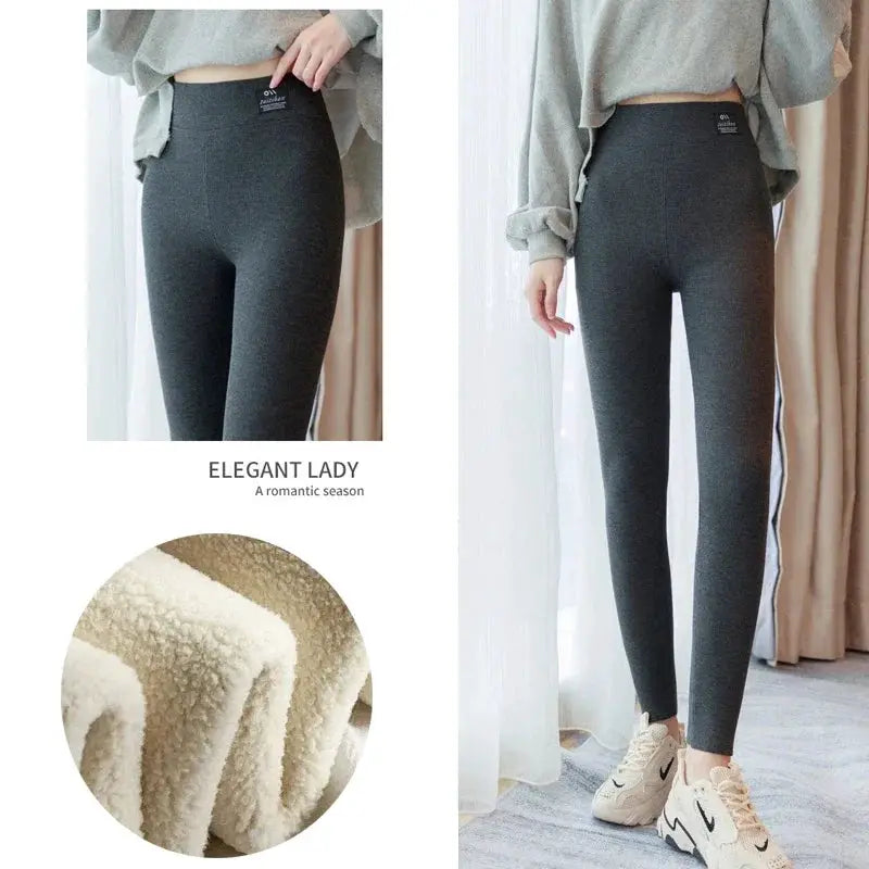 Winter warm leggings for women, dark gray high-waisted fleece-lined thermal pants by Simples Market, 2 views