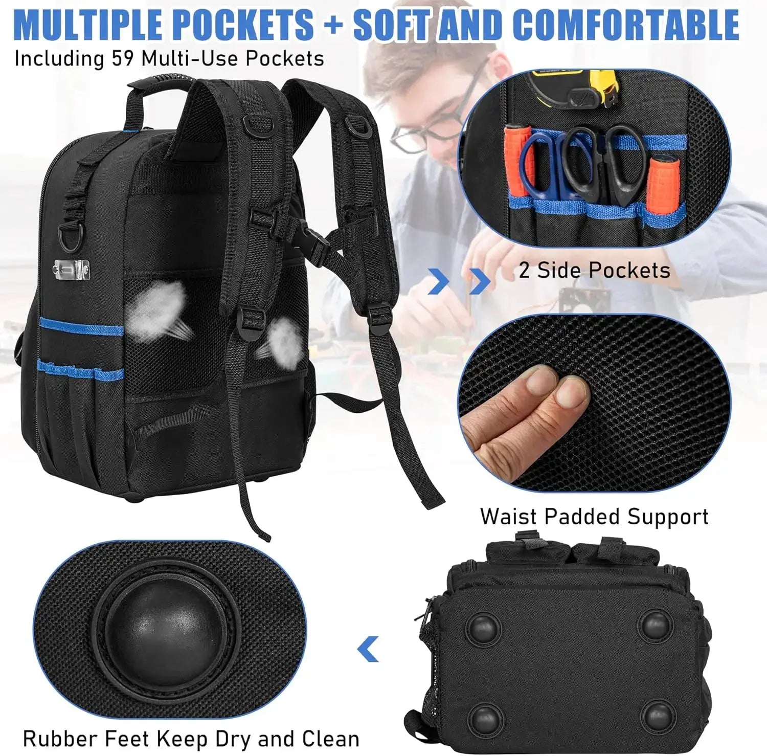 Tool backpack by Simples Market, black heavy-duty water-resistant bag with padded shoulder straps and removable organizer.