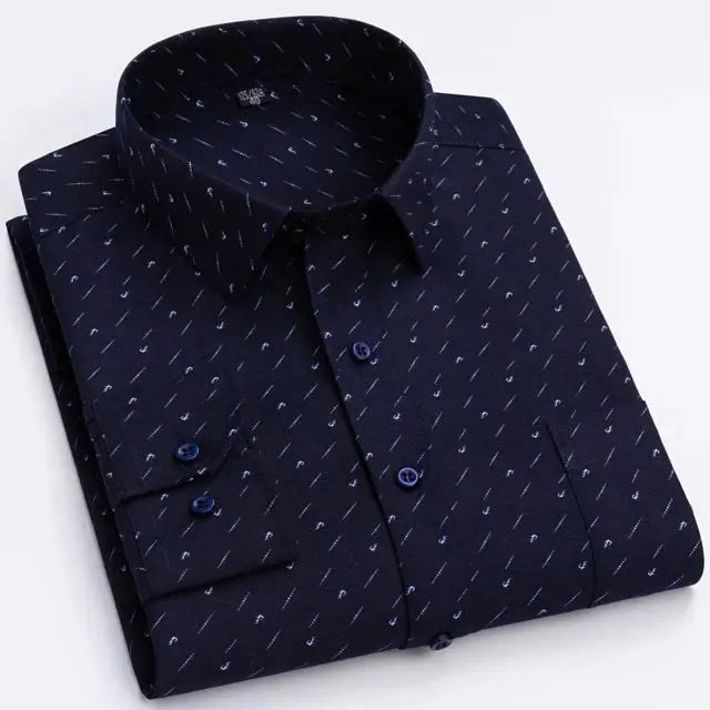 Men's long sleeve navy shirt with a tiny white print pattern and a single chest pocket.