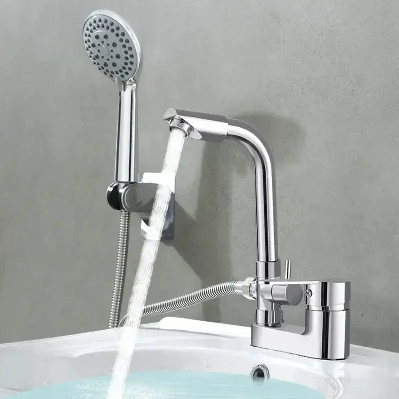 Chrome basin shower faucet with single-handle mixer and handheld shower, deck-mounted by Simples Market