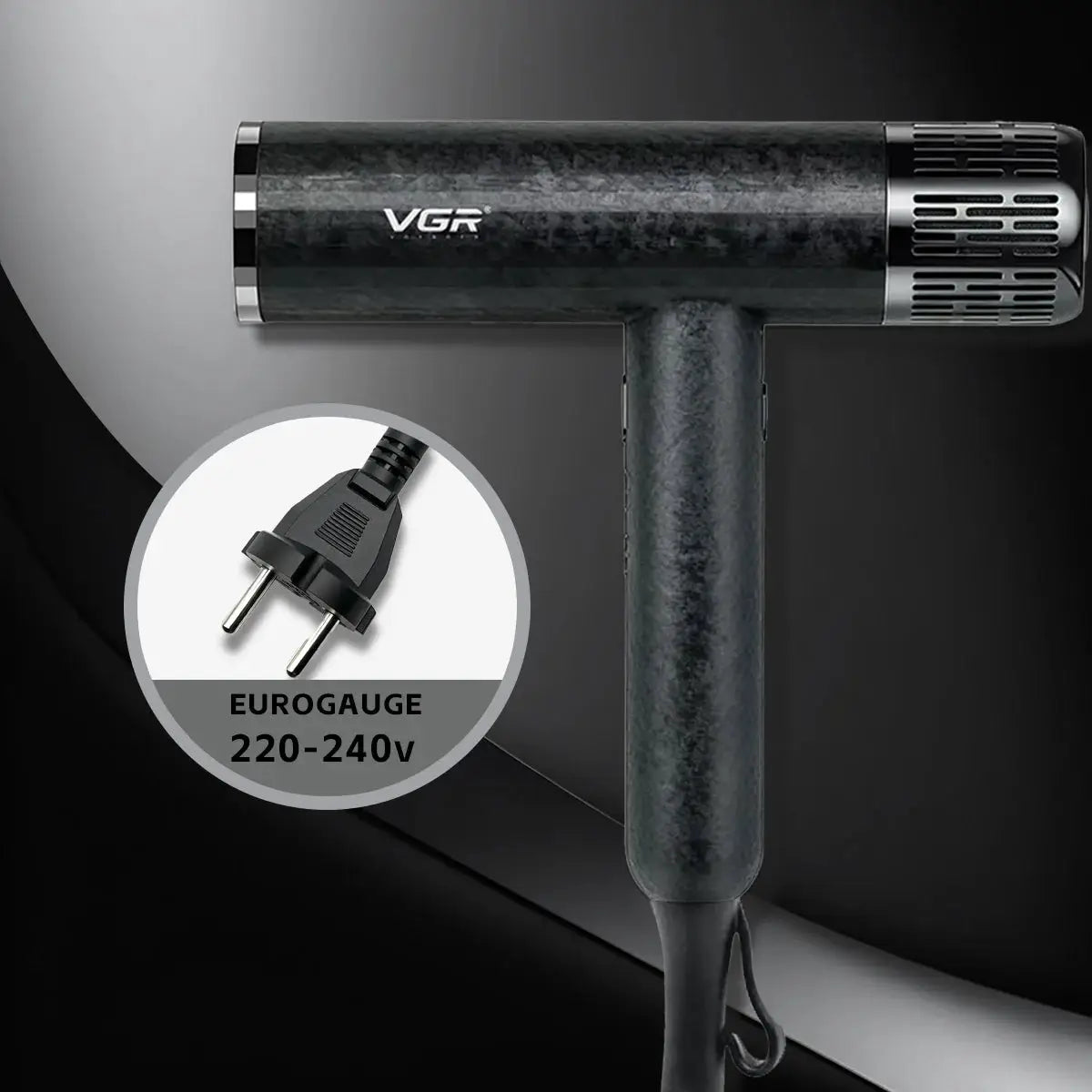 VGR hair dryer professional, black finish with hot and cold settings; Europlug 220-240V inset