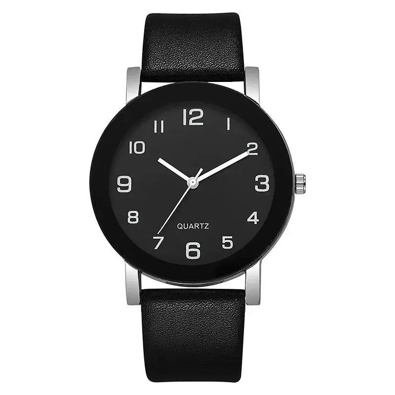 Leather-strap black round quartz wristwatch with white Arabic numerals and silver-tone case