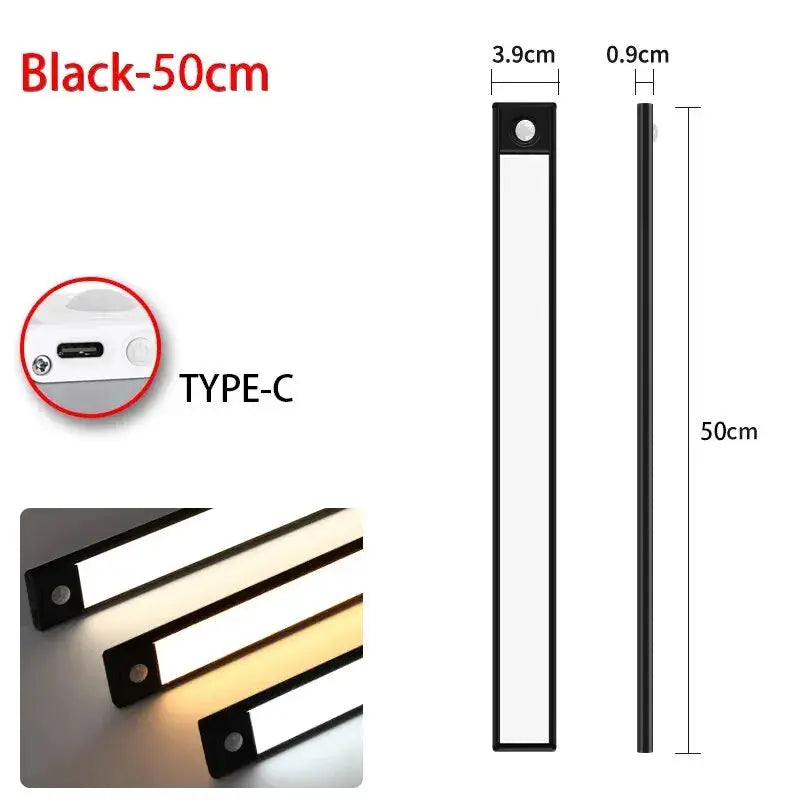 LED motion sensor under-cabinet light, black, 50cm USB Type-C