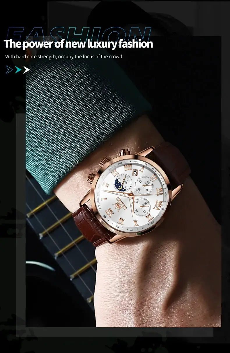 OLEVS 5529 men's luxury watch with rose gold case, brown leather strap, white dial featuring moon phase and subdials