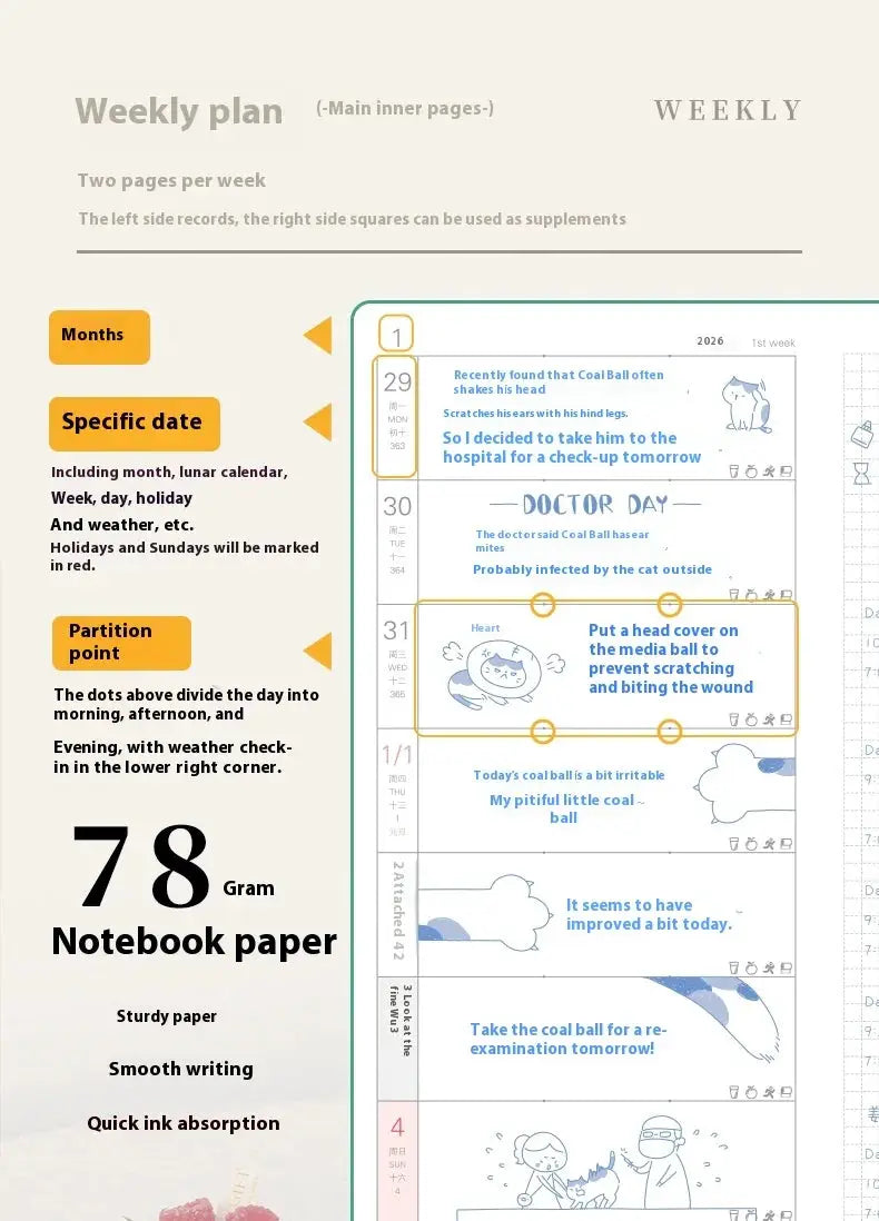 Kinbor weekly planner pocket-size notebook by Simples Market; beige layout with orange date tabs