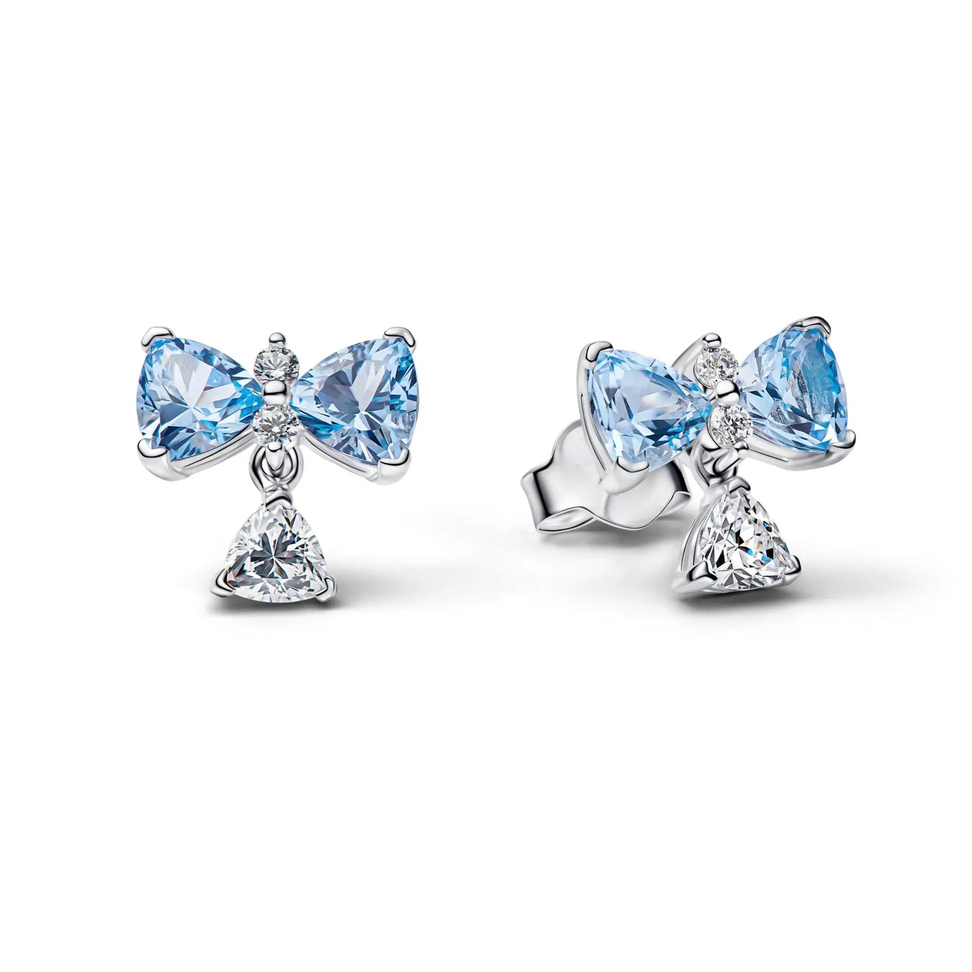 Silver butterfly stud earrings with blue crystal wings and small clear stones, pair