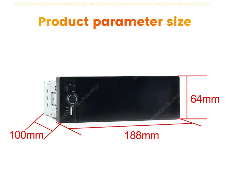 NaviFly OD8 1-DIN MP5 car radio by Simples Market, black front panel, 188mm L x 64mm H x 100mm D