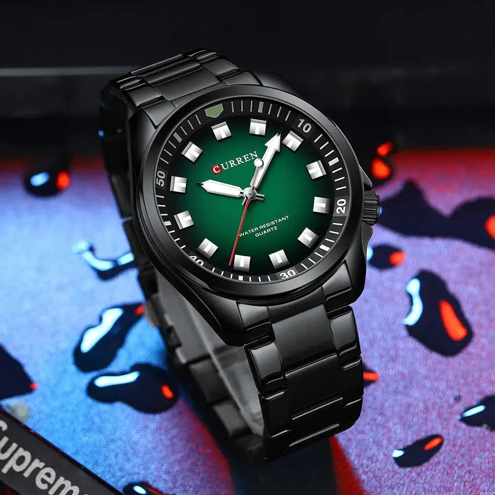 CURREN 8451 men's quartz wristwatch with green dial on black stainless steel band, water resistant.