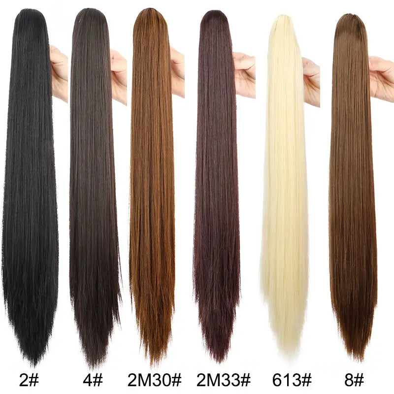 24-Inch synthetic long straight claw-clip ponytail extensions by Simples Market in six color variants.