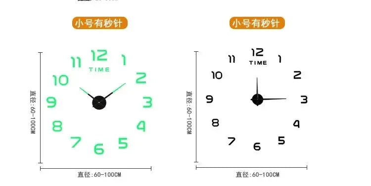 Two large wall clocks with 3D DIY acrylic mirror numerals in black and green for living room decor