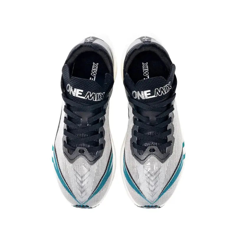 ONEMIX running shoes pair in white/gray mesh with black laces, top view
