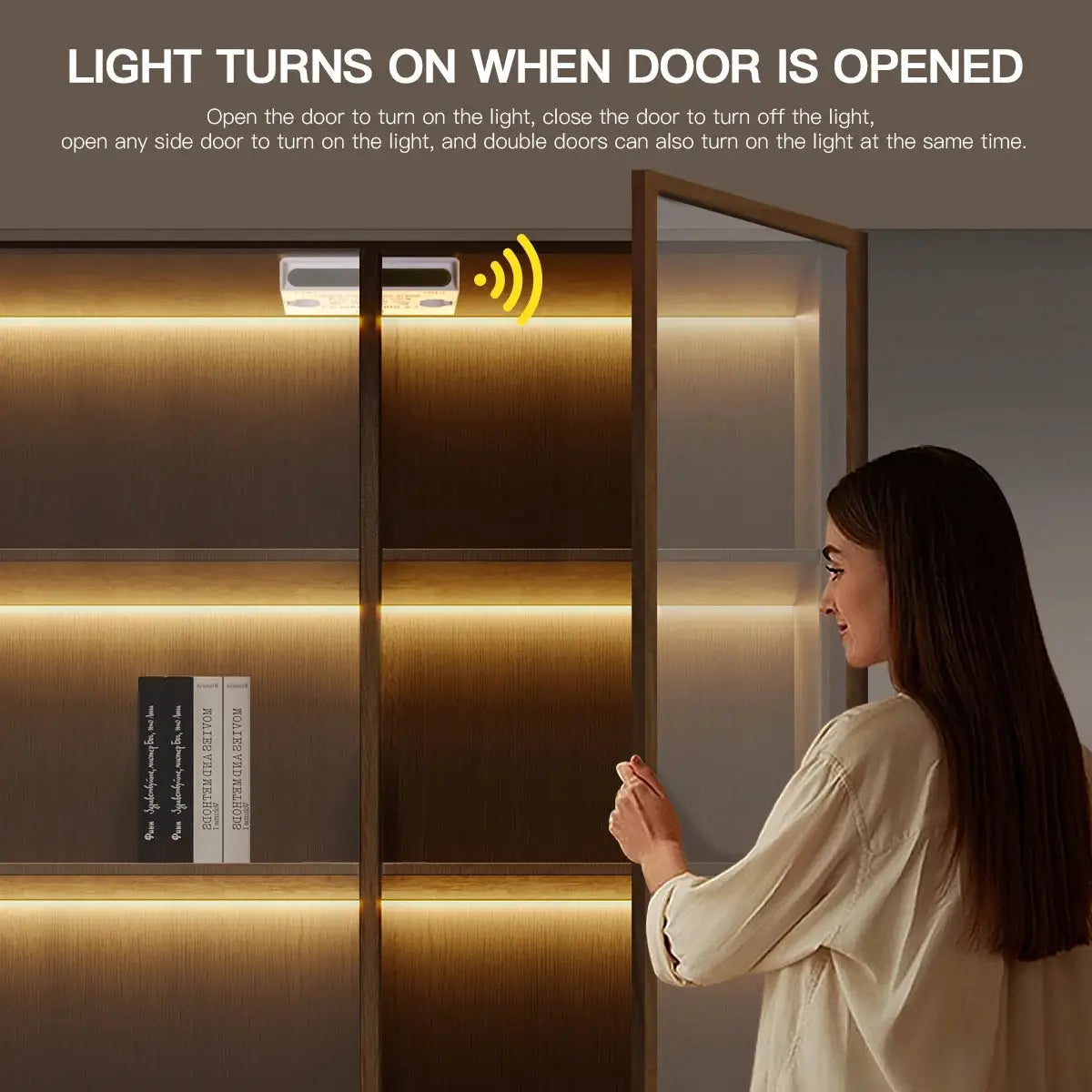 Smart door proximity sensor light with warm 12V COB LED under-cabinet strip for wardrobe and kitchen