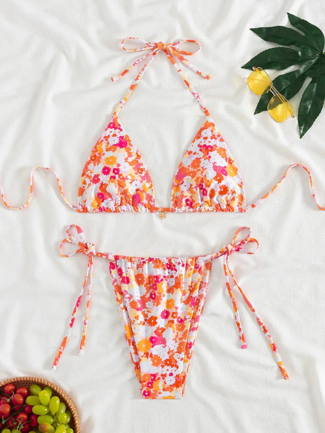 Women's bikini set by Simples Market, floral orange-pink tie-side two-piece swimsuit
