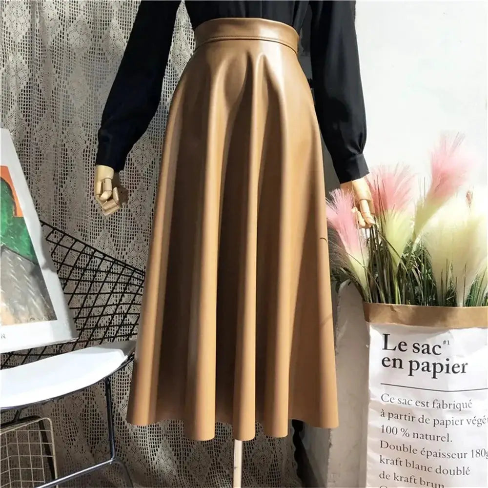 Women's PU Leather Midi Skirt, tan high-waist A-line flare by Simples Market