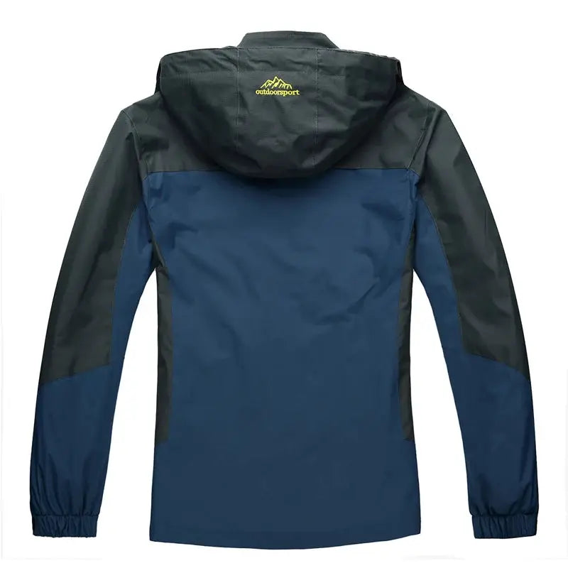 Camping hiking jacket for men, waterproof windbreaker with blue body and dark green sleeves, outdoorsport logo on hood.