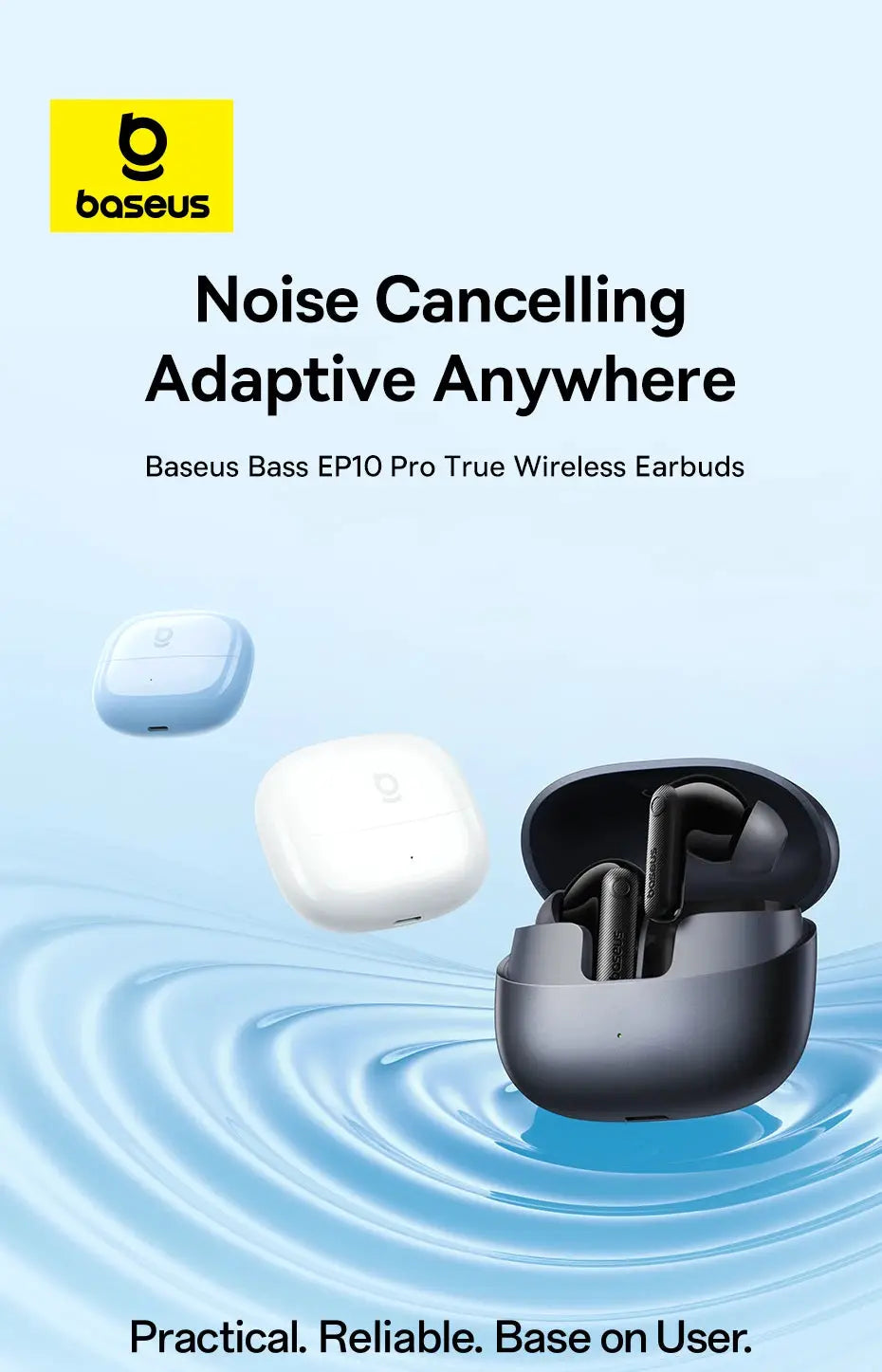 Baseus EP10 Pro ANC true wireless earbuds in dark gray with charging case; three color variants shown