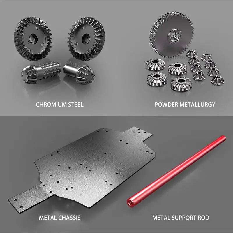 MJX 1/14 RC car parts kit with metal chassis, red support rod, and chromium steel gears (powder metallurgy gears shown)