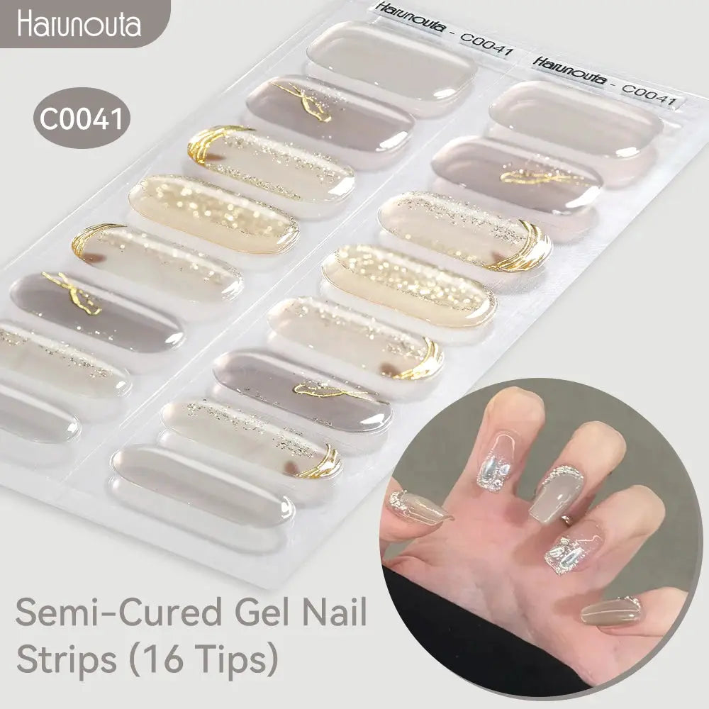 Harunouta gradient auroras semi-cured gel nail strips, 16 tips with nude gradient and gold foil accents for UV/LED
