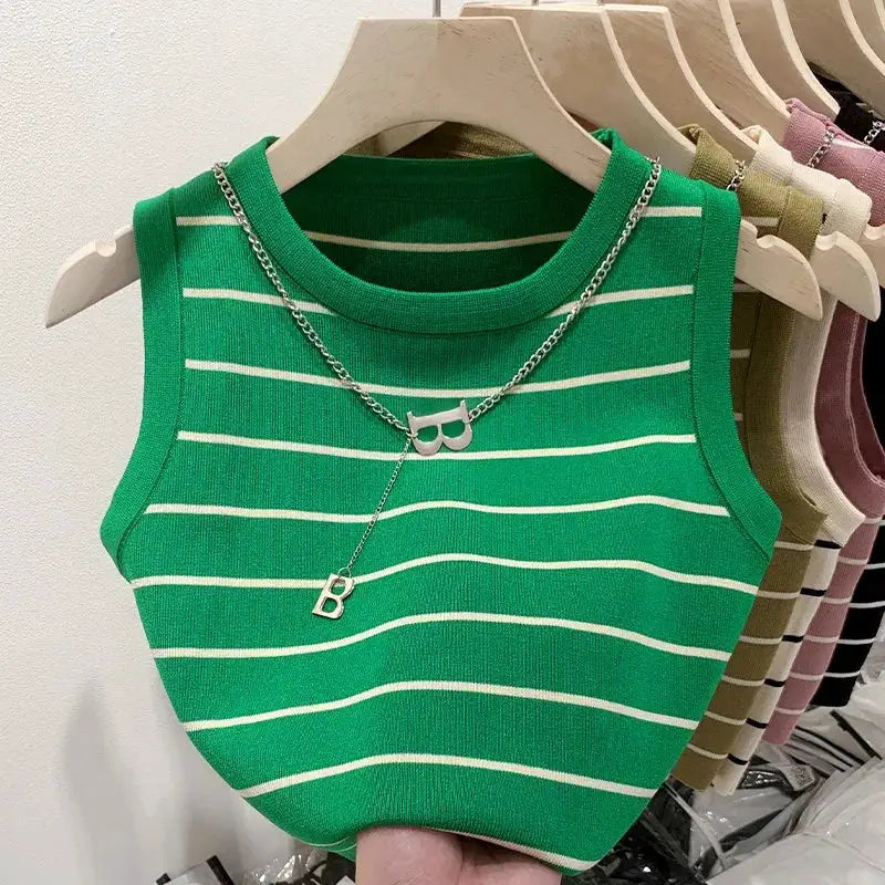 AOSSVIAO 2026 Summer Knit Vest For Women Striped Slim Fit Sleeveless Waistcoat With Turtleneck Collar