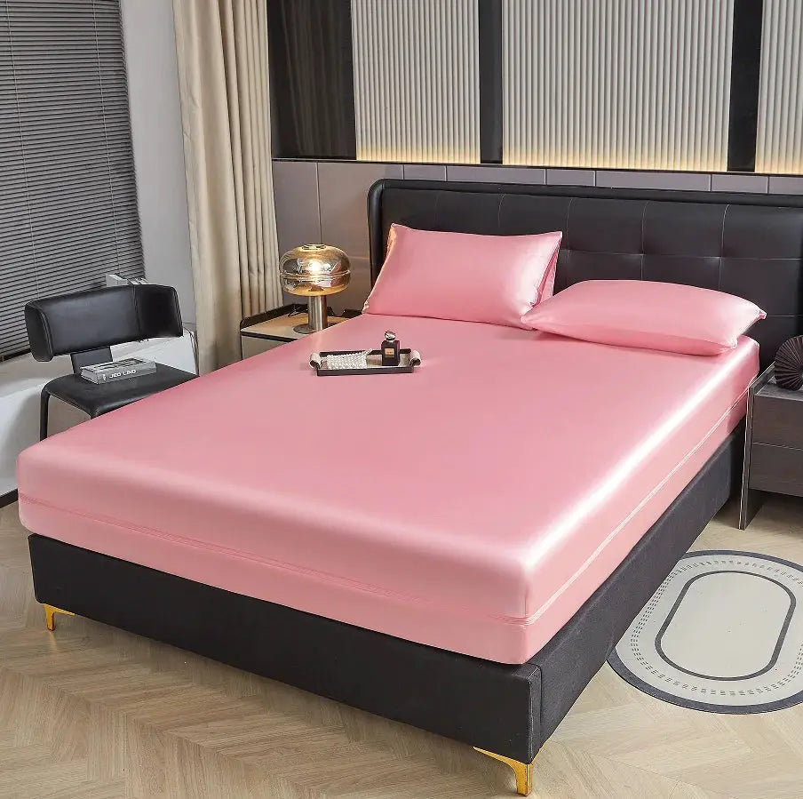 6-Sided zipper mattress encasement protector in pink satin for full-size bed with all-around deep pocket.
