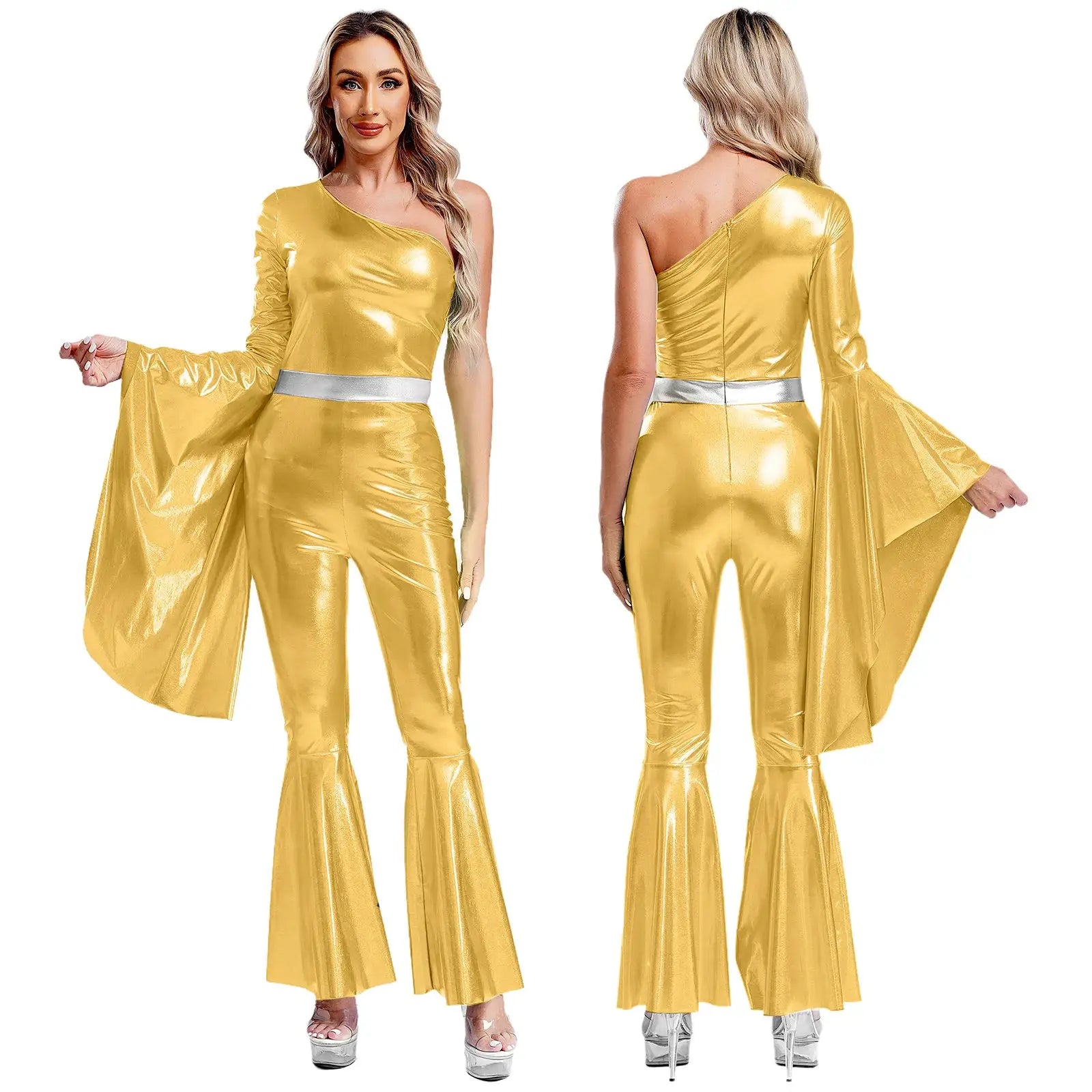 Womens 70s disco gold metallic jumpsuit with one-shoulder bodice, bell sleeves, silver belt