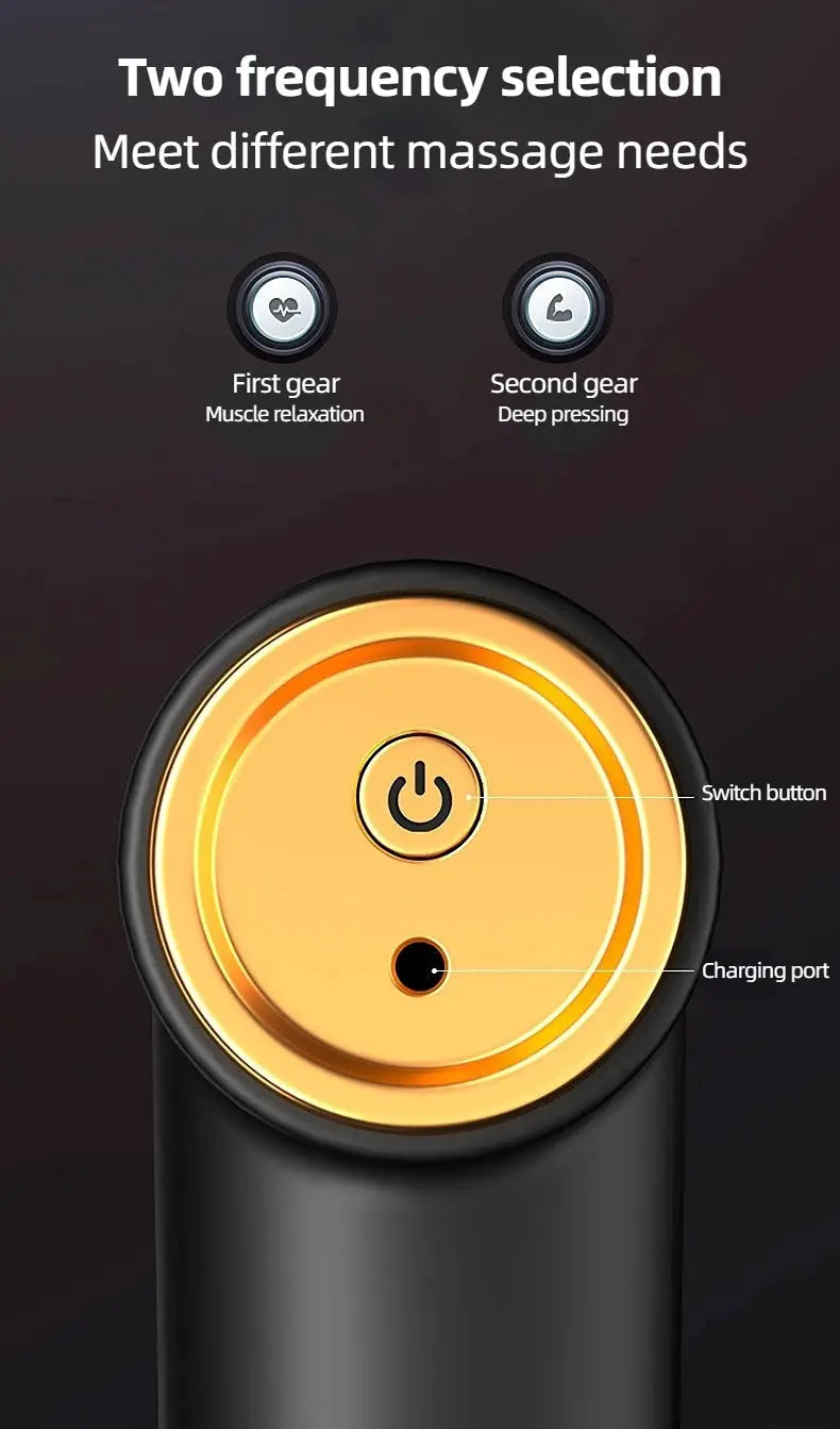 Portable mini muscle massage gun with two-frequency control and a gold ring on black body