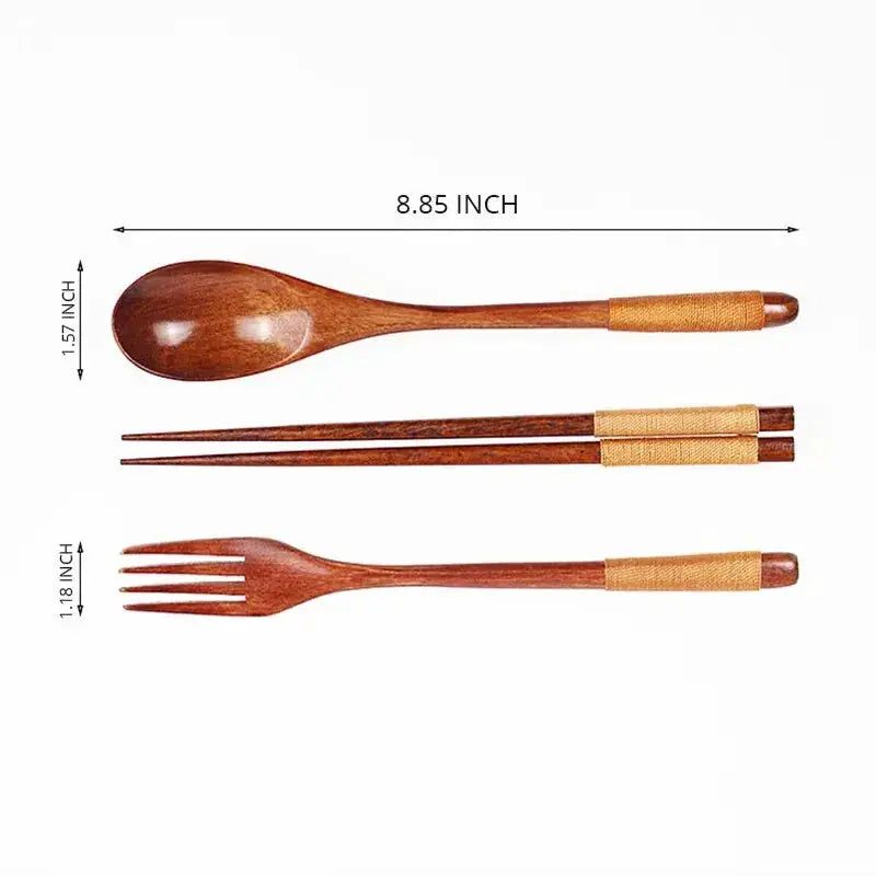 ZenWood Japanese Style Three Piece Wooden Cutlery Set With Chopsticks Fork Spoon Hygienic Safe Easy To Use