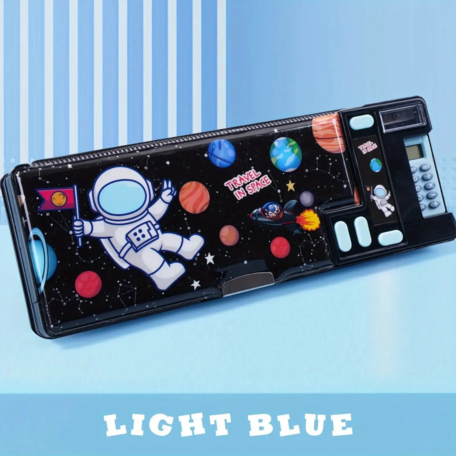 Kids multifunctional pencil case with calculator, space-themed black design for pens, pencils, markers and supplies.