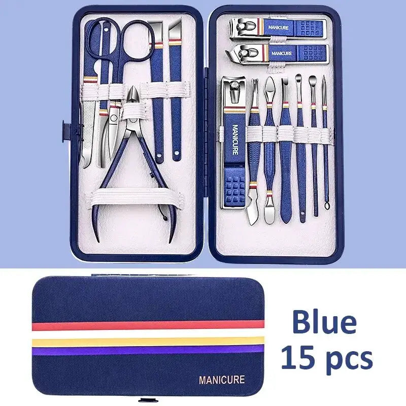Simples Market blue 15-piece stainless steel nail care set in a folding case