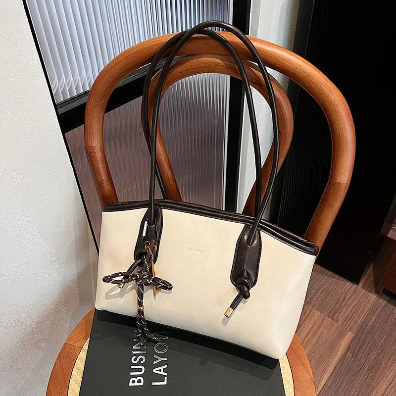 PU leather shoulder bag for women, beige body with dark brown trim and double top handles
