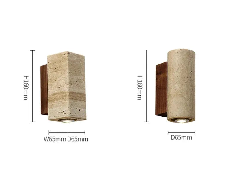Wabi Sabi yellow marble wall lamp pair; LED sconces in rectangular marble and cylindrical travertine styles (2 pcs)