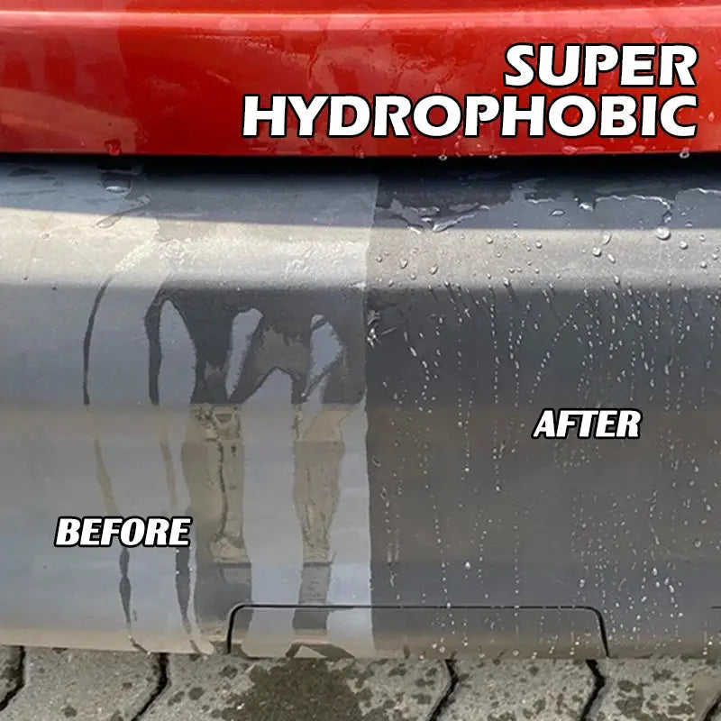 Simples Market car plastic restorer ceramic coating; before/after on bumper shows hydrophobic shine on plastic trim.