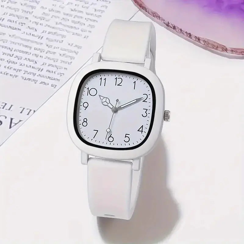 Women's quartz wristwatch with white silicone strap and square Arabic dial