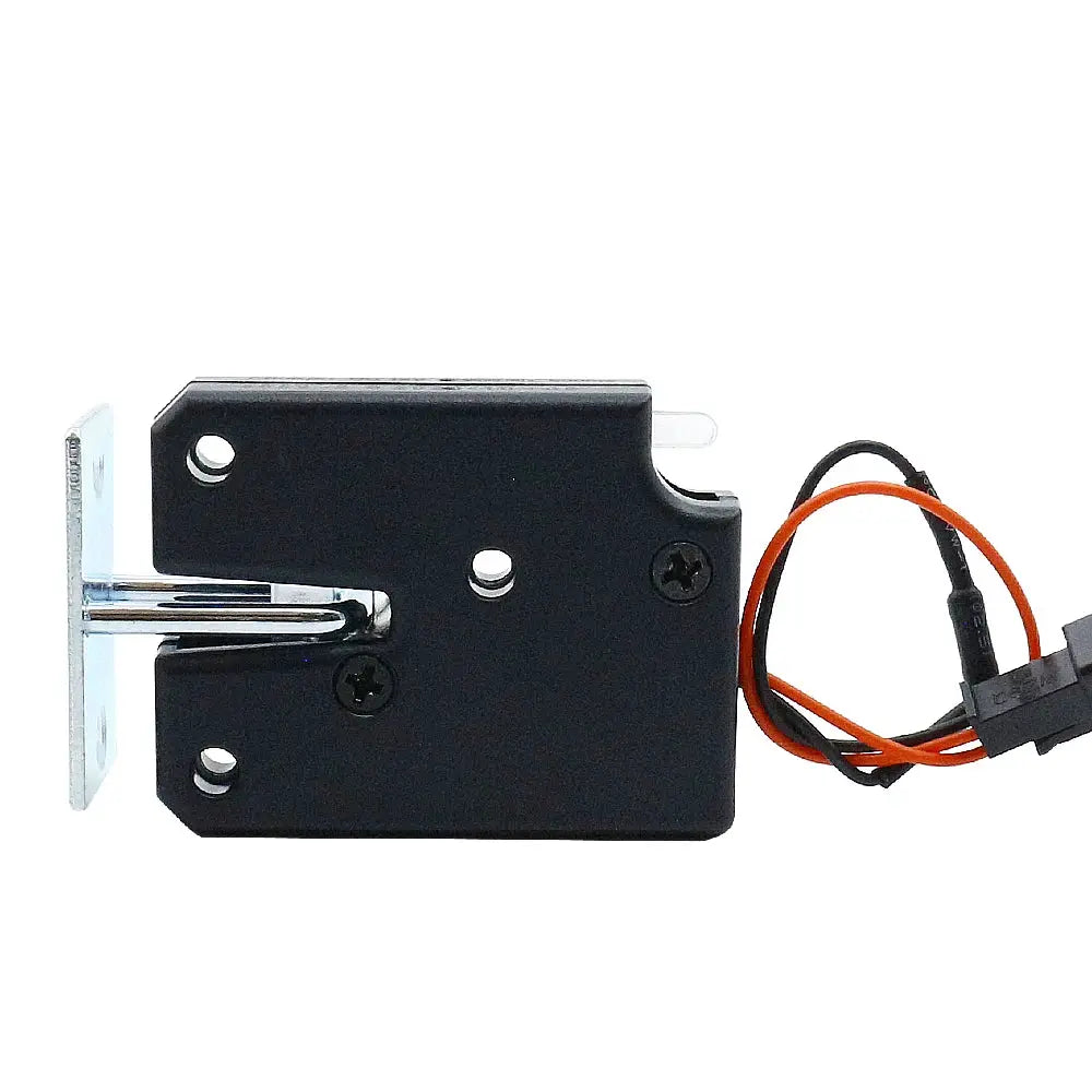 Small black plastic electric cabinet lock with metal mounting plate and wiring harness